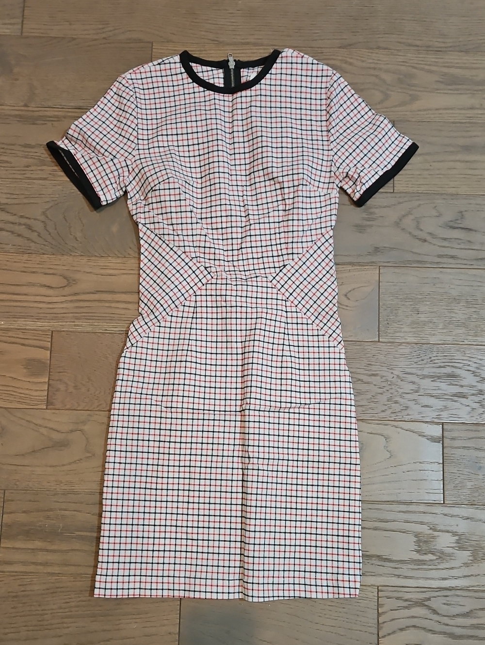 NWT Band Of Outsiders Red and White Checked Midi Dress with Black Trim
